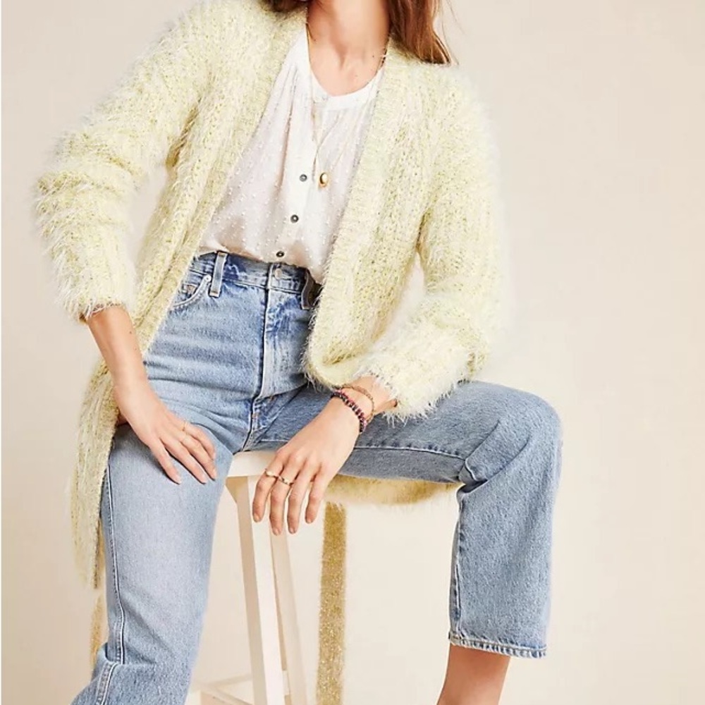 Anthropologie LARKIN SM Yellow Gold Knit Cardigan Sweater Duster Belted Boho Y2K